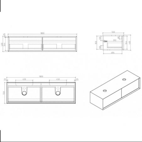 Mobilier de baie EGO-BELLA cu doua lavoare din compozit mineral, 180 x 55 cm, Negru Mat, sertar Push to open
