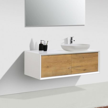 Mobilier de baie EGO-BELLA din compozit mineral cu unul sau doua lavoare, MDF, 120-180 x 55 cm, Alb Mat, Push to open