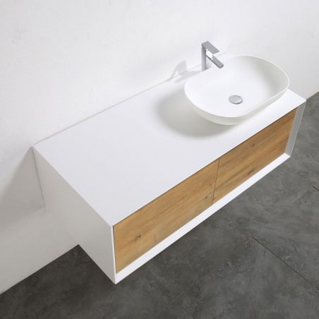 Mobilier de baie EGO-BELLA din compozit mineral cu unul sau doua lavoare, MDF, 120-180 x 55 cm, Alb Mat, Push to open