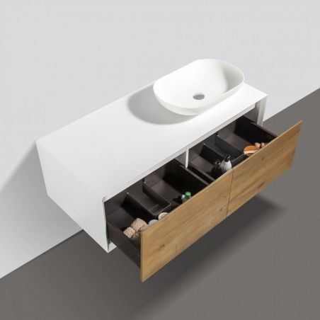 Mobilier de baie EGO-BELLA din compozit mineral cu unul sau doua lavoare, MDF, 120-180 x 55 cm, Alb Mat, Push to open