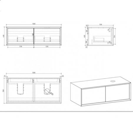 Mobilier de baie EGO-BELLA din compozit mineral cu unul sau doua lavoare, MDF, 120-180 x 55 cm, Alb Mat, Push to open
