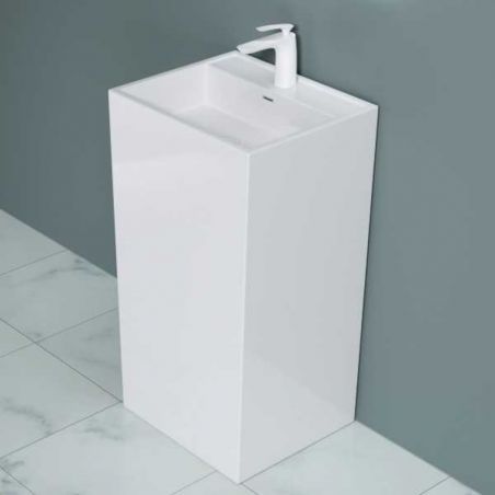 Lavoar stativ EGO 34, Alb, lucios, 50x42x90 cm, montaj podea, compozit marmura, cu gaura baterie si preaplin