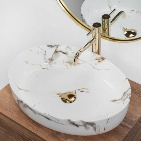 Lavoar Ego Queen Carrara Shiny, Alb Lucios, finisaj piatra, 55 x 41.5 cm, montaj pe blat, ceramica sanitara