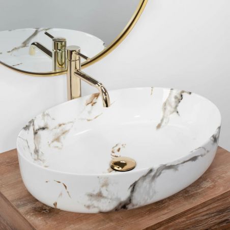 Lavoar Ego Queen Carrara Shiny, Alb Lucios, finisaj piatra, 55 x 41.5 cm, montaj pe blat, ceramica sanitara