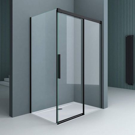 Cabina Ego 12, negru mat, 80-100 x 100-150 cm, sticla securizata 6mm, perete fix, usa glisanta, cu sau fara cadita, Easy Clean