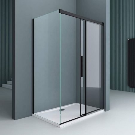 Cabina Ego 12, negru mat, 80-100 x 100-150 cm, sticla securizata 6mm, perete fix, usa glisanta, cu sau fara cadita, Easy Clean