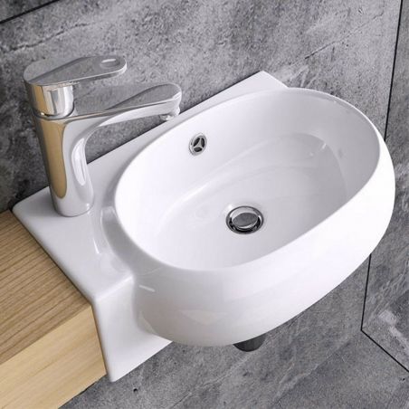 Lavoar EGO 0001 R, Alb, lucios, 38x26 cm, montaj suspendat, ceramica sanitara, gaura baterie in stanga si preaplin