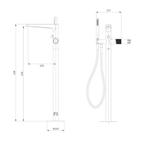 Baterie cada OMNIRES CONTOUR, Auriu, finisaj periat PVD, duze silicon Easy Clean, montaj pe podea, freestanding