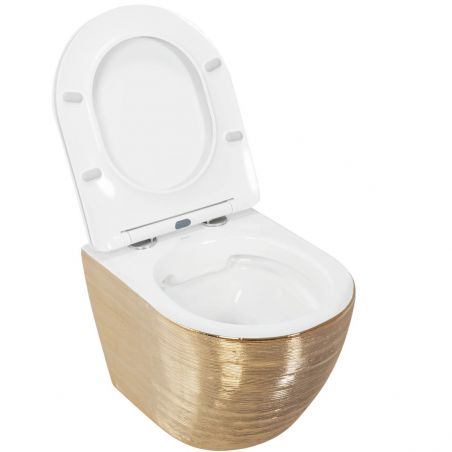 Vas Wc EGO Carlo Rimless Flat Brush Gold, Auriu, 49x37 cm, montaj suspendat, capac Duroplast, ceramica sanitara