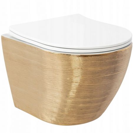 Vas Wc EGO Carlo Rimless Flat Brush Gold, Auriu, 49x37 cm, montaj suspendat, capac Duroplast, ceramica sanitara