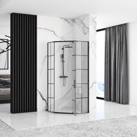 Cabina dus, pentagonala, usa batanta, negru, sticla 6 mm, 80-80 x 195 cm, Easy Clean, REA-Hex