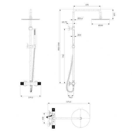 Sistem de dus OMNIRES CONTOUR, termostat, Antracit, finisaj periat PVD, duze silicon Easy Clean, montaj pe perete