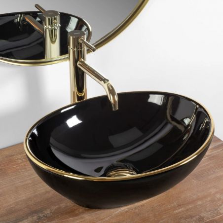Lavoar REA Sofia Black Gold Edge, 41x34.5 cm, montaj pe blat, ceramica sanitara