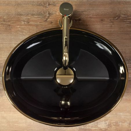 Lavoar REA Sofia Black Gold Edge, 41x34.5 cm, montaj pe blat, ceramica sanitara