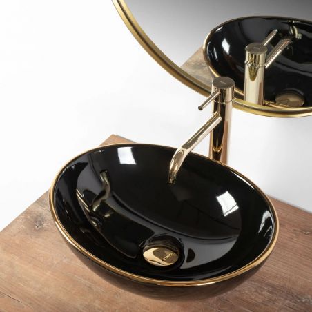 Lavoar REA Sofia Black Gold Edge, 41x34.5 cm, montaj pe blat, ceramica sanitara