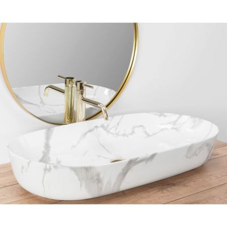Lavoar REA Cleo 81 Shinny Marmo, imitatie piatra, 81x41 cm, montaj pe blat, ceramica sanitara
