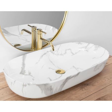 Lavoar REA Cleo 81 Shinny Marmo, imitatie piatra, 81x41 cm, montaj pe blat, ceramica sanitara