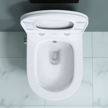 Vas wc suspendat cu functie de bideu A601, 53x36 cm, Rimless, Alb, Tehnologie Powerflush, capac Soft-Close, ceramica sanitara