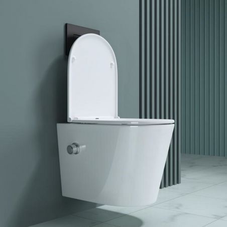 Vas wc suspendat cu functie de bideu A601, 53x36 cm, Rimless, Alb, Tehnologie Powerflush, capac Soft-Close, ceramica sanitara