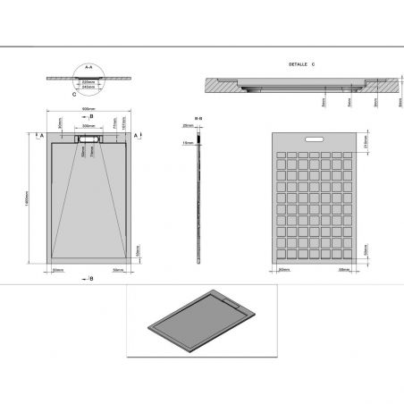 Cadita de dus, compozit mineral, dimensiuni 70-90x80-160, inaltime 2.5 cm, scurgere ascunsa, decupabila, Antracit, Antonio