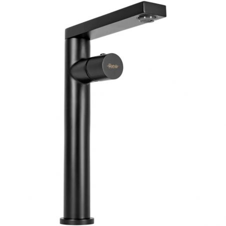 Baterie lavoar, Tap, negru, inalta, finisaj mat, montaj pe blat, cap rotativ 360°