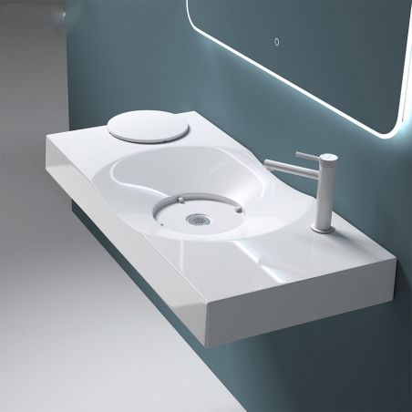 Lavoar EGO 15R, Alb, lucios,scurgere ascunsa, montaj pe blat sau suspendat, compozit marmura, 100x48 cm, gaura baterie dreapta