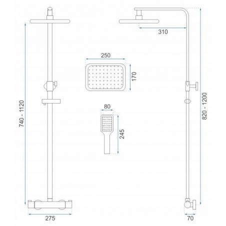 Sistem de dus cu termostat Tom, Auriu, montaj pe perete, cap dus Ultra Slim 25x17 cm, tratament Anti-Calcar