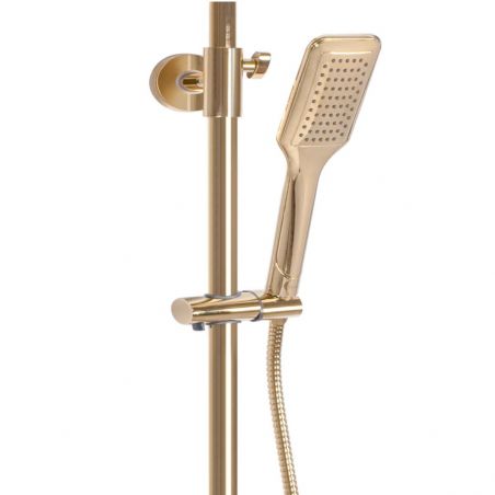Sistem de dus cu termostat Tom, Auriu, montaj pe perete, cap dus Ultra Slim 25x17 cm, tratament Anti-Calcar Sistem de dus cu termostat Tom, Auriu, montaj pe perete, cap dus Ultra Slim 25x17 cm, tratament Anti-Calcar