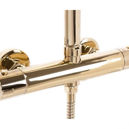 Sistem de dus cu termostat Tom, Auriu, montaj pe perete, cap dus Ultra Slim 25x17 cm, tratament Anti-Calcar Sistem de dus cu termostat Tom, Auriu, montaj pe perete, cap dus Ultra Slim 25x17 cm, tratament Anti-Calcar
