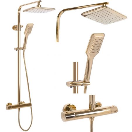 Sistem de dus cu termostat Tom, Auriu, montaj pe perete, cap dus Ultra Slim 25x17 cm, tratament Anti-Calcar Sistem de dus cu termostat Tom, Auriu, montaj pe perete, cap dus Ultra Slim 25x17 cm, tratament Anti-Calcar