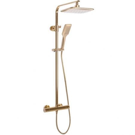 Sistem de dus cu termostat Tom, Auriu, montaj pe perete, cap dus Ultra Slim 25x17 cm, tratament Anti-Calcar Sistem de dus cu termostat Tom, Auriu, montaj pe perete, cap dus Ultra Slim 25x17 cm, tratament Anti-Calcar