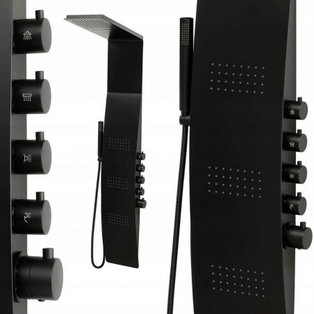 Panel de dus din aluminiu NEO02 cu termostat si hidromasaj, negru, montaj pe perete, 150x23 cm