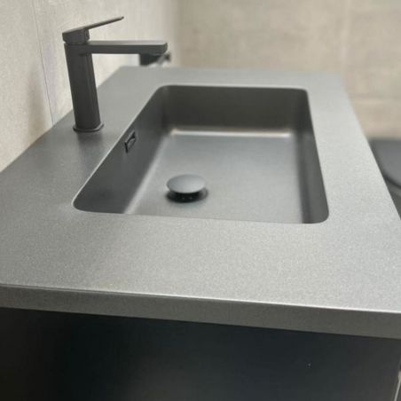 Set mobilier baie Zakia cu lavoar ceramica sanitara, 100 cm, Negru Mat, sertare fara manere, inchidere Soft Close
