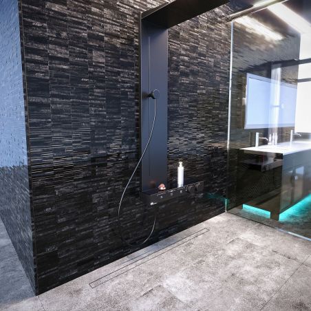 Rigola Dus faiantabila, sifon Viega, model încorporat sub placă, Negru, Slim, dimensiuni 50-120 cm, latime 3,2 cm