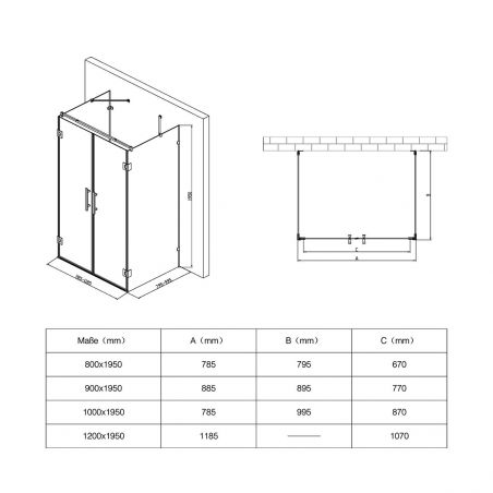 Cabina EGO-40, 3 laturi, usi Batante deschidere 180 grade, sticla 8 mm, Dimensiuni la alegere