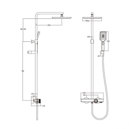 Sistem de dus si cada cu termostat, Dexter, Auriu  Periat, dus tip ploaie 25x25, dus de mana, montaj pe perete