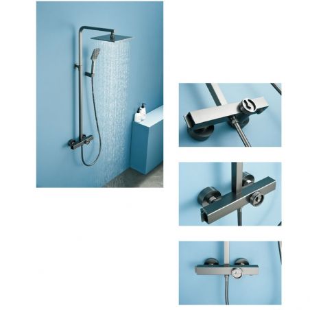 Sistem de dus si cada cu termostat, Dexter, Gri gun periat, dus tip ploaie 25x25, dus de mana, montaj pe perete