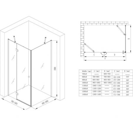 Cabina EGO-05, perete fix si usa Batanta, sticla securizata 6 mm, Transparenta, Dimensiuni 70-100x90-140 cm