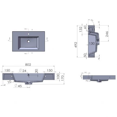 Lavoar Elsa, compozit mineral, montaj pe blat sau suspendat, Antracit Mat, finisaj Ardezie, cu gaura de baterie, 80-100x49.2 cm