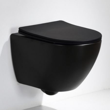 Vas Wc Ben, Negru Lucios, Rimless, 49x37 cm, montaj suspendat, capac Duroplast, ceramica sanitara