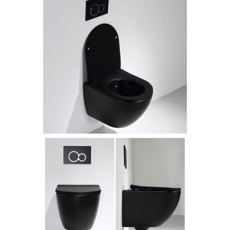Vas Wc Ben, Negru Lucios, Rimless, 49x37 cm, montaj suspendat, capac Duroplast, ceramica sanitara