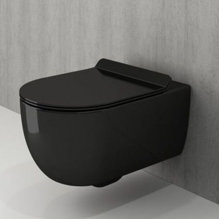 Vas WC EGO Michael Rimless, 49x36 cm, Negru Lucios, montaj suspendat, capac duroplast soft-close easy off