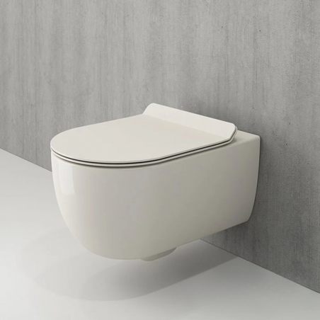 Vas WC EGO Michael Rimless, 49x36 cm, Crem Biscuit Lucios, montaj suspendat, capac duroplast soft-close easy off