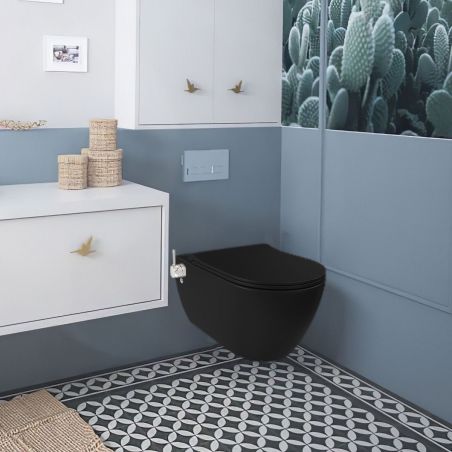 Vas wc cu functie bideu, Taharet, baterie apa calda/rece, Negru Mat, montaj suspendat, capac Soft-Close, 56 x 36 cm,  Angi