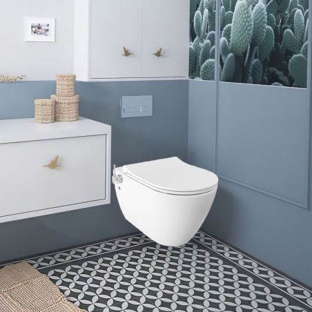 Vas wc cu functie de bideu, Taharet, baterie apa calda/rece, Alb, montaj suspendat, capac Soft-Close, 56x36 cm,  Angi