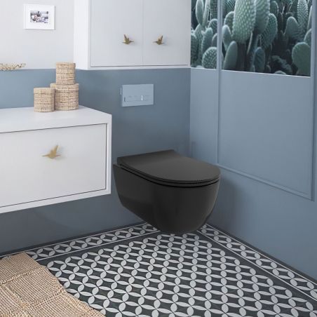 Vas WC EGO Michael Rimless, 49x36 cm, Negru Lucios, montaj suspendat, capac duroplast soft-close easy off