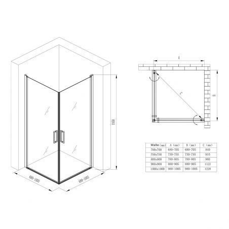 Cabina EGO-24, sticla securizata 6mm , Transparenta, 2 usi Batante, deschidere 180°, Dimensiuni la alegere