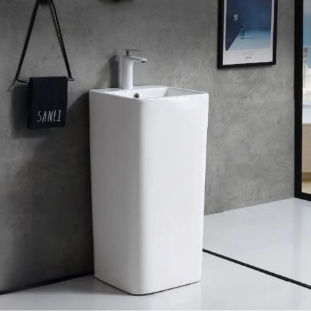 Lavoar stativ Bufon, Alb, 40x40x84 cm, cu gaura de baterie, montaj pe podea, ceramica sanitara