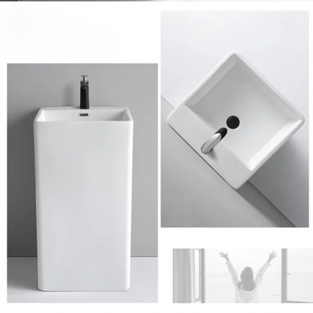 Lavoar stativ Bufon, Alb, 40x40x84 cm, cu gaura de baterie, montaj pe podea, ceramica sanitara