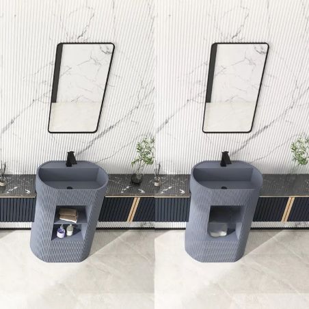 Lavoar stativ Vizini din compozit mineral, 2 spatii de depozitare Gri concrete, 57x40x86 cm, cu gaura de baterie